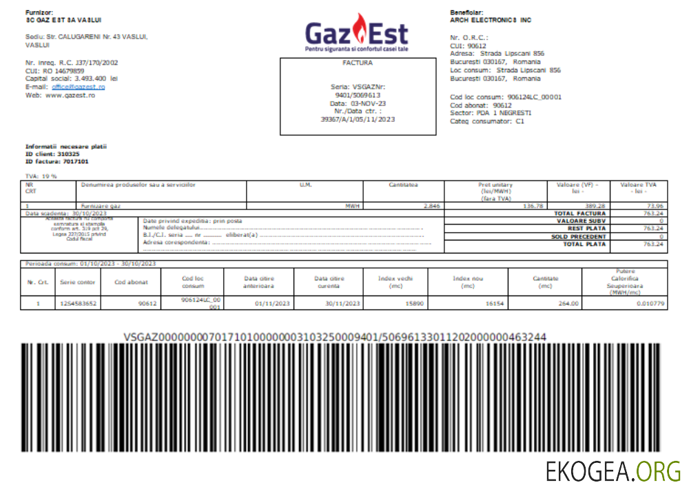 Facture d'entreprise de services publics de Gaz Est S.A., SCR